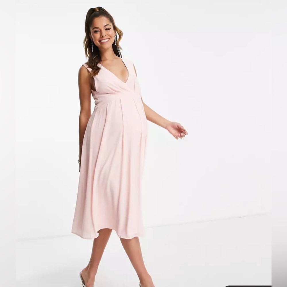 TFNC Maternity Bridesmaid chiffon v front midi dress pleated, pink - new sz 4